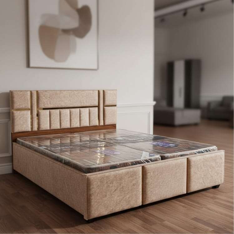 Cream Premium King Size Bed with Designer Headboard and Storage